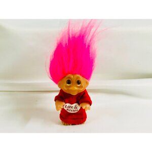 Vintage Dam Troll Doll With Pink Hair & "Love & Kisses" Red Outfit